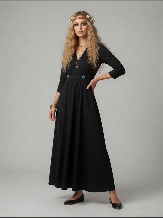 Vintage Dresses & Skirts - Vintage 70's Handmade Black V-Neck Empire Waist Maxi Dress